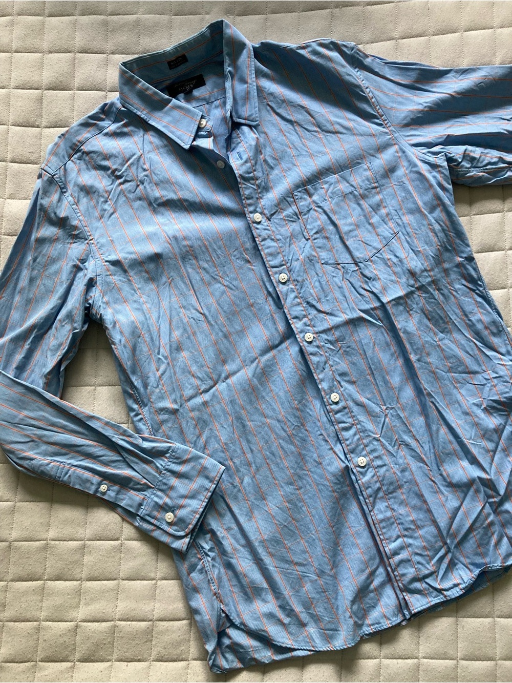 J. Crew Men’s Light Blue Button-Down Shirt with Orange Checkered Pattern